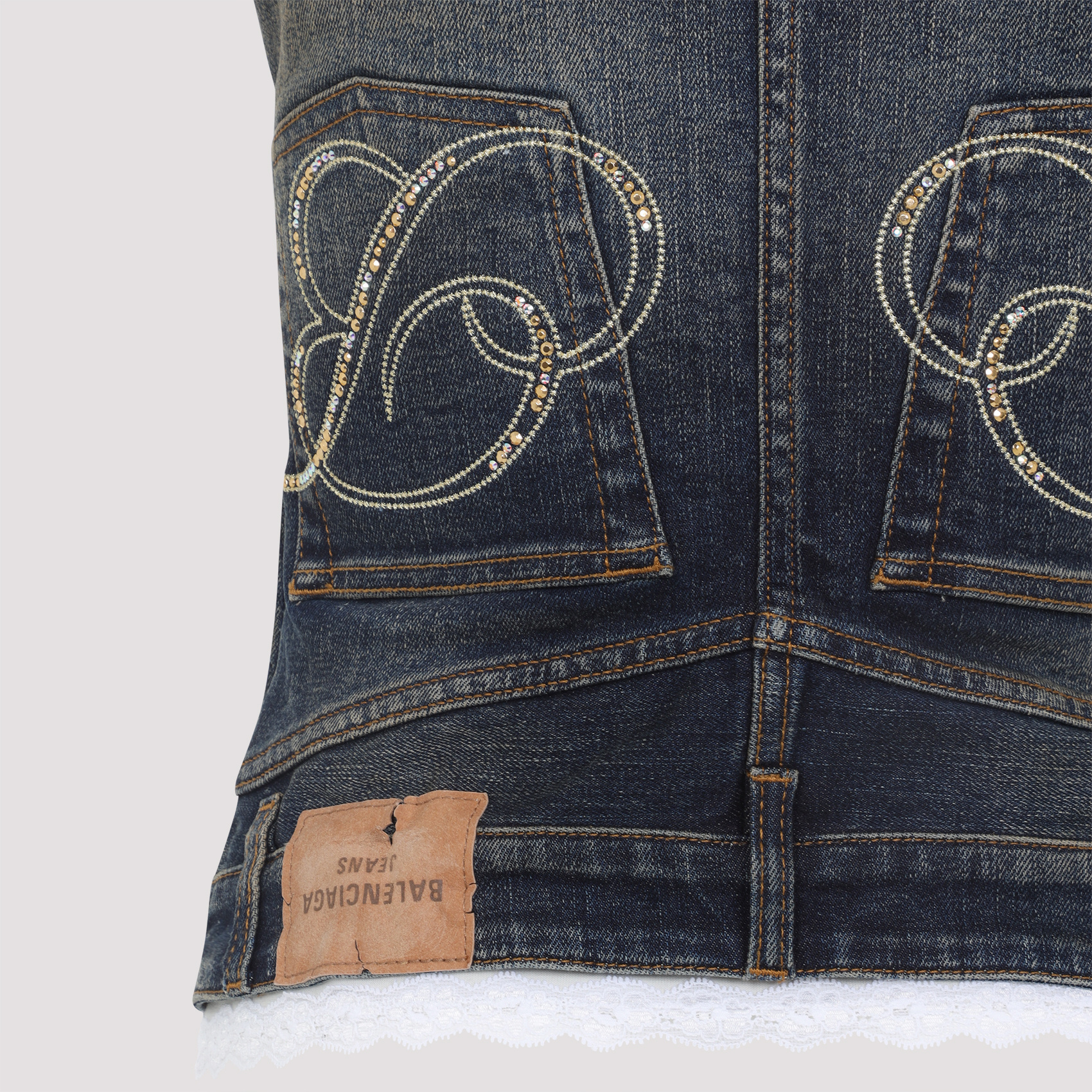 Balenciaga Denim Top With Lace Trim And Rhinestone Embellishments In Blue