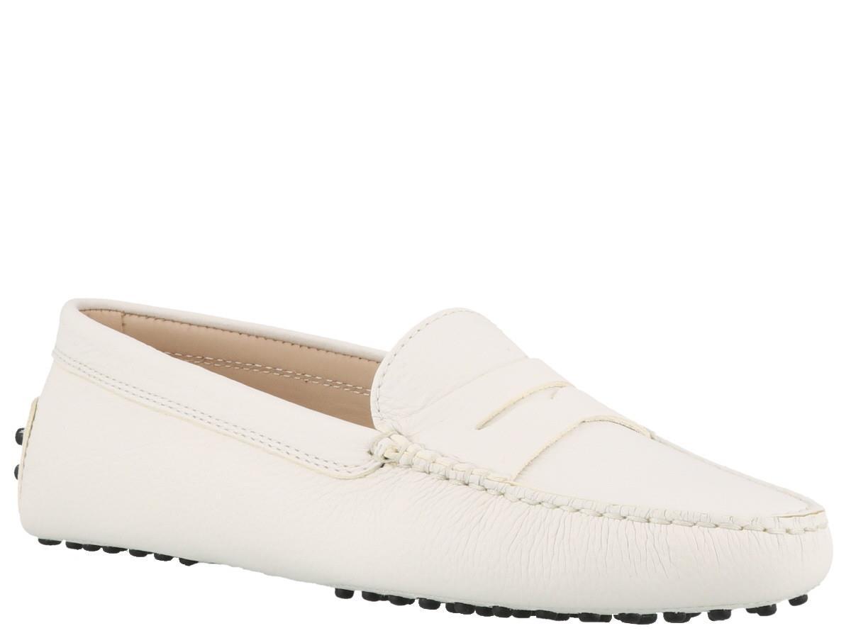Tod's New Gommini Loafers In Hammered Leather With Sleeper In White