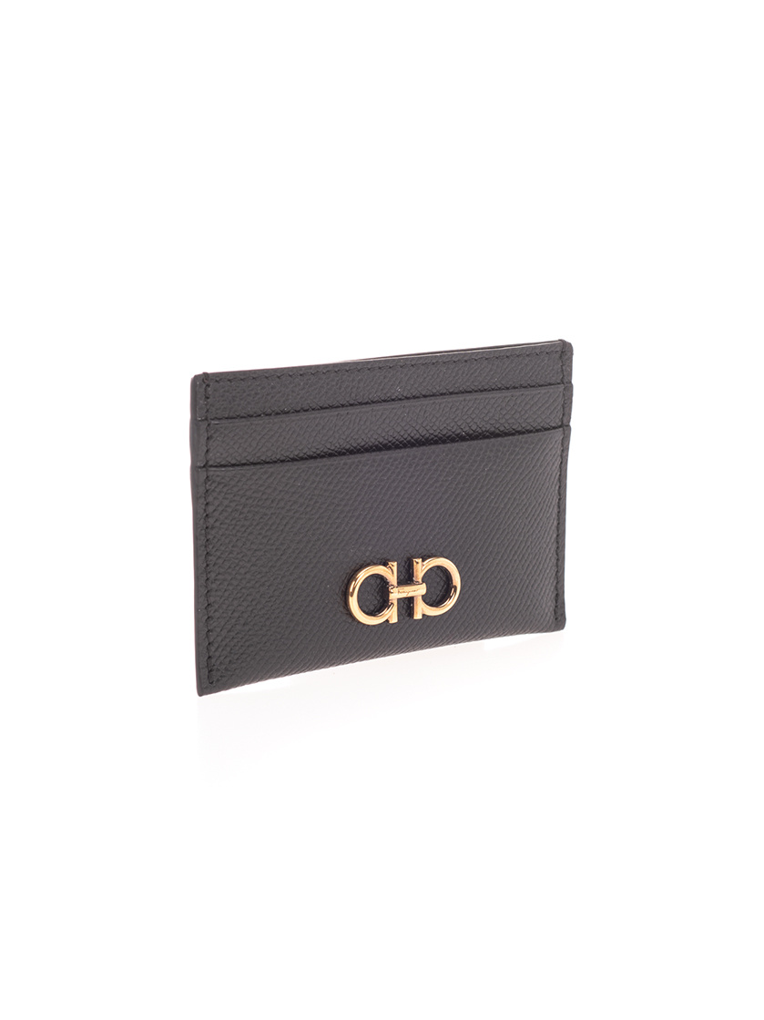 Ferragamo Black Card-holder With Gancini Detail In Hammered Leather Woman In Black