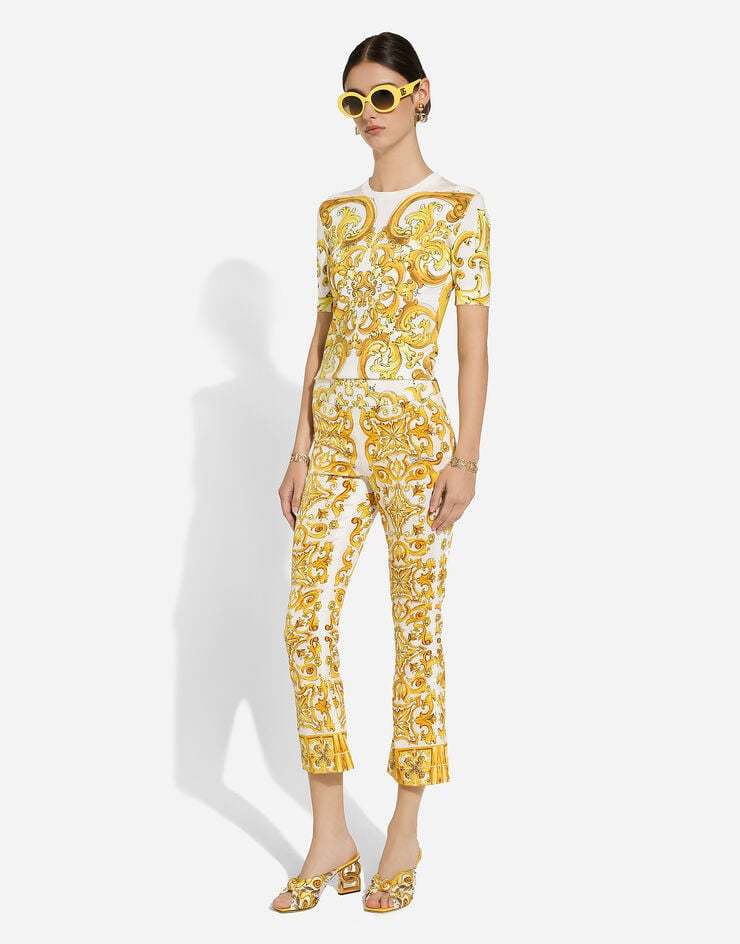 Dolce & Gabbana Short-sleeved Majolica-print Stretch Viscose Sweater In Yellow