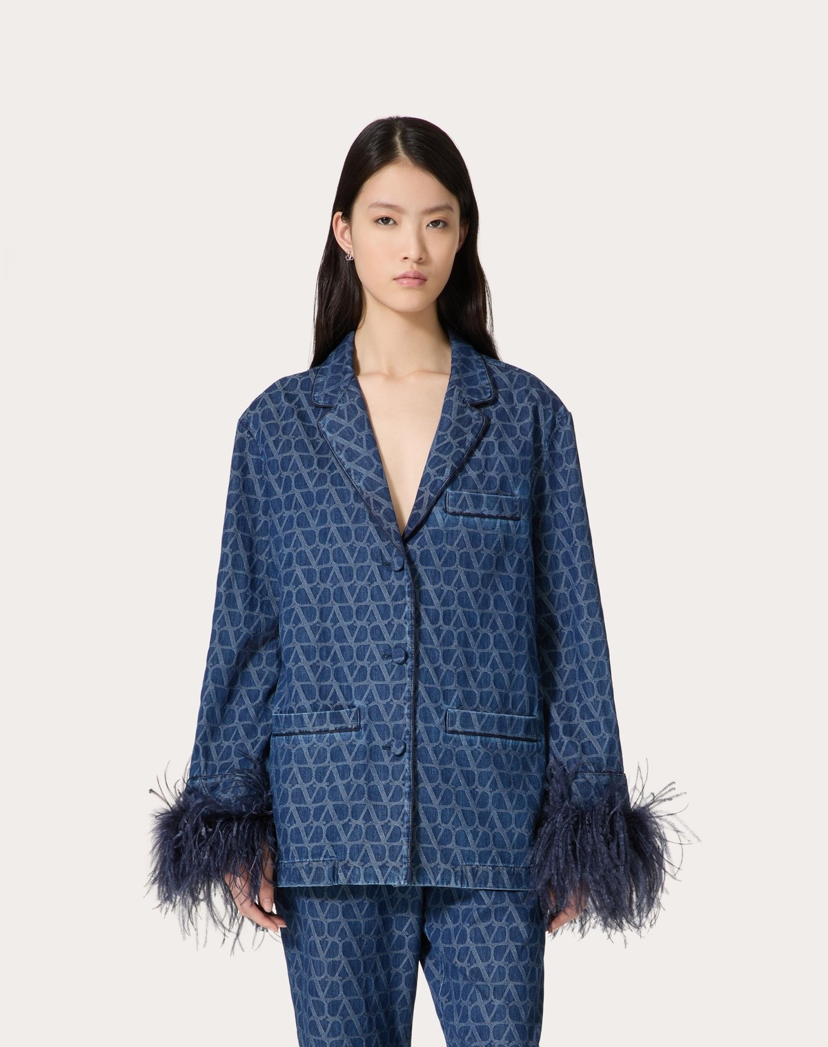 Valentino Chambray Denim Shirt With Feathers Woman Blue 40 In Blue