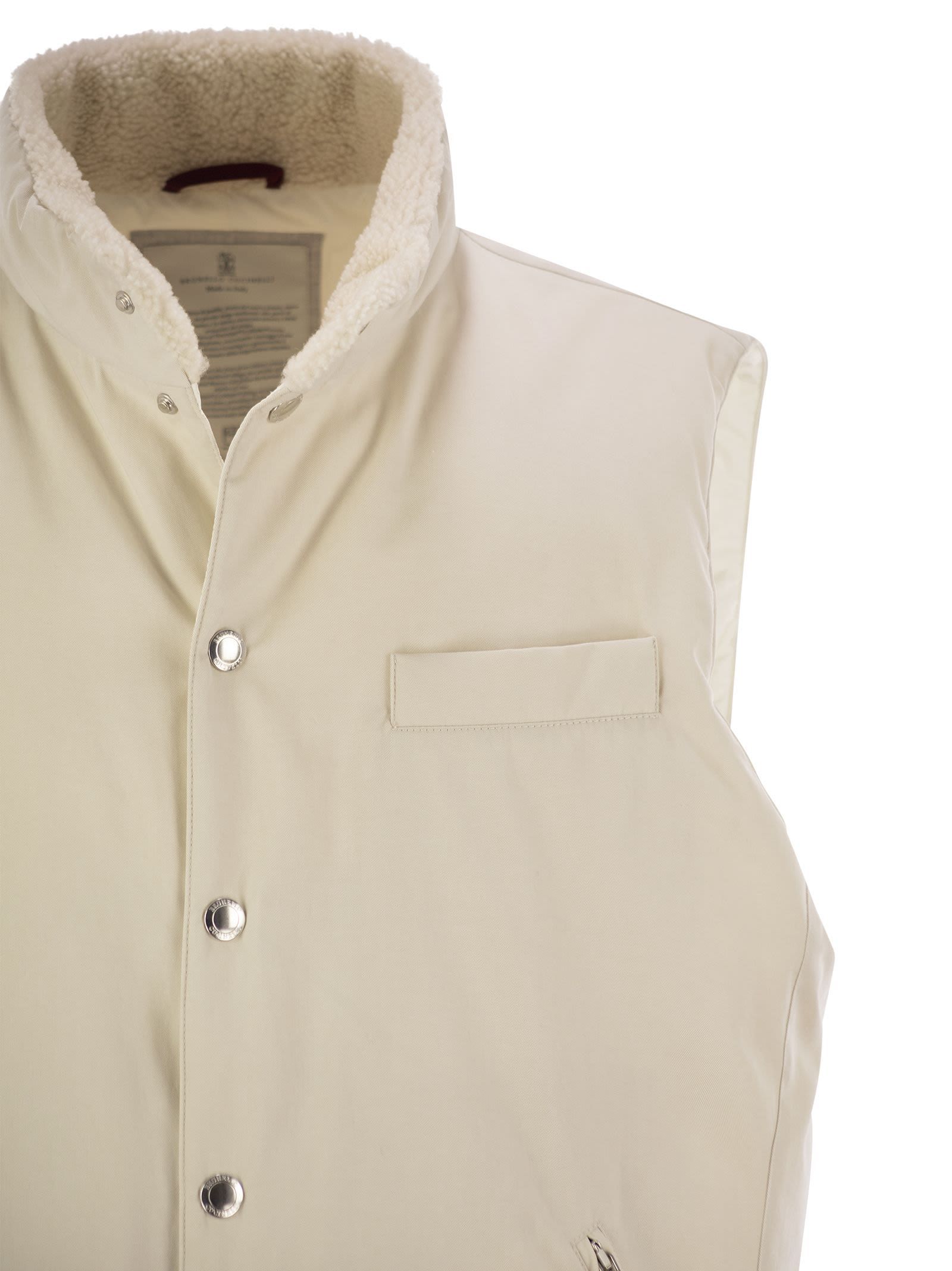 Brunello Cucinelli Men Sleeveless Down Jacket With Sheepskin Collar In Nude