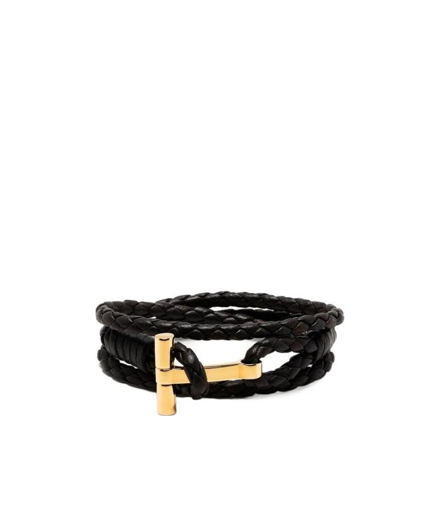 Tom Ford Leather T-plate Woven Bracelet With Braided Pattern In Black