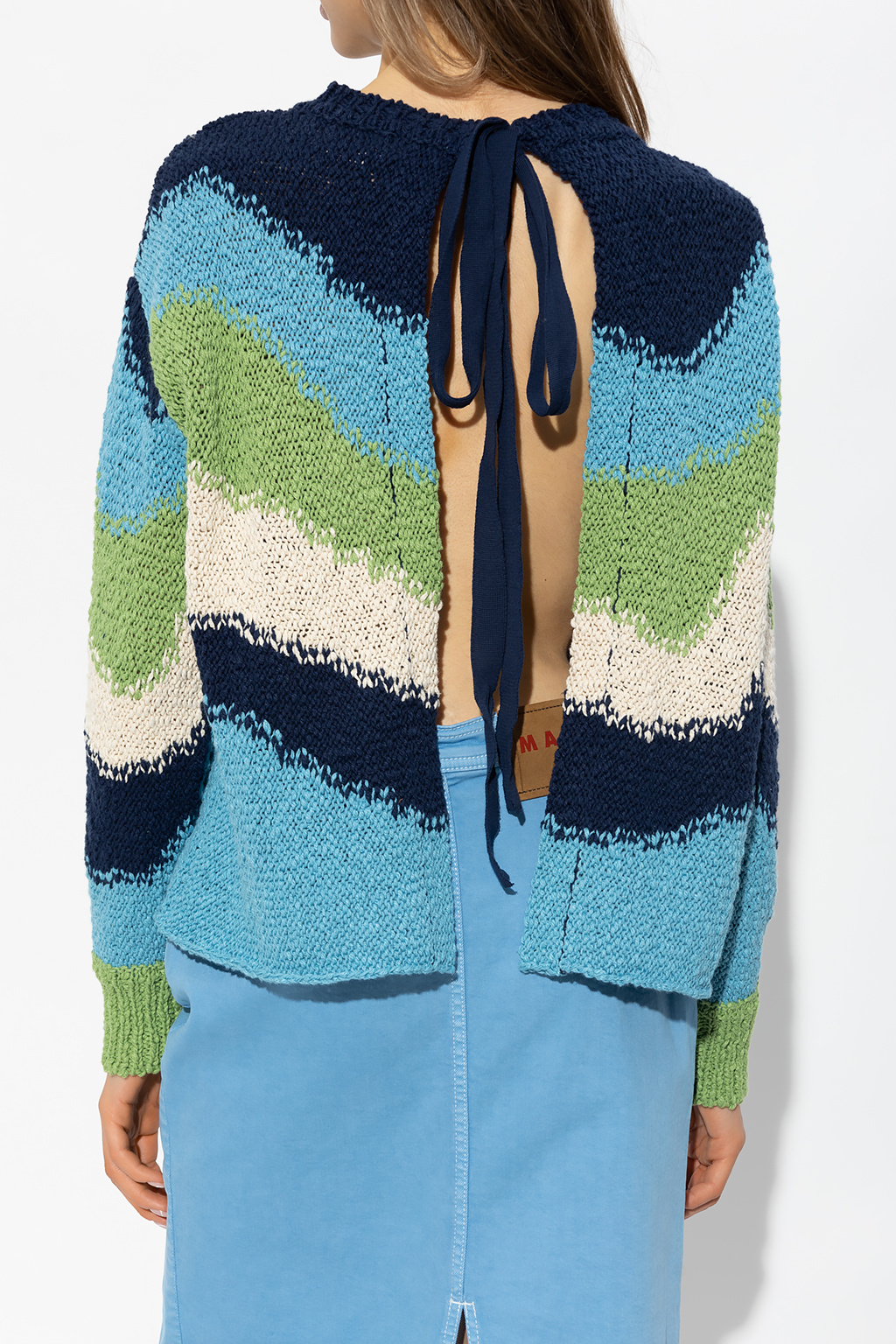 Marni Backless Wave-intarsia Cotton Sweater In Blue