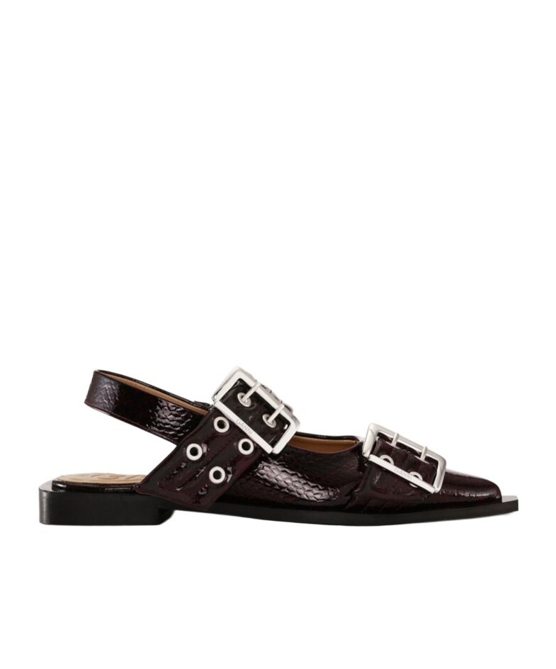 Ganni Black Croco Print Slingback Ballet Flat Shoe With Buckles In Black