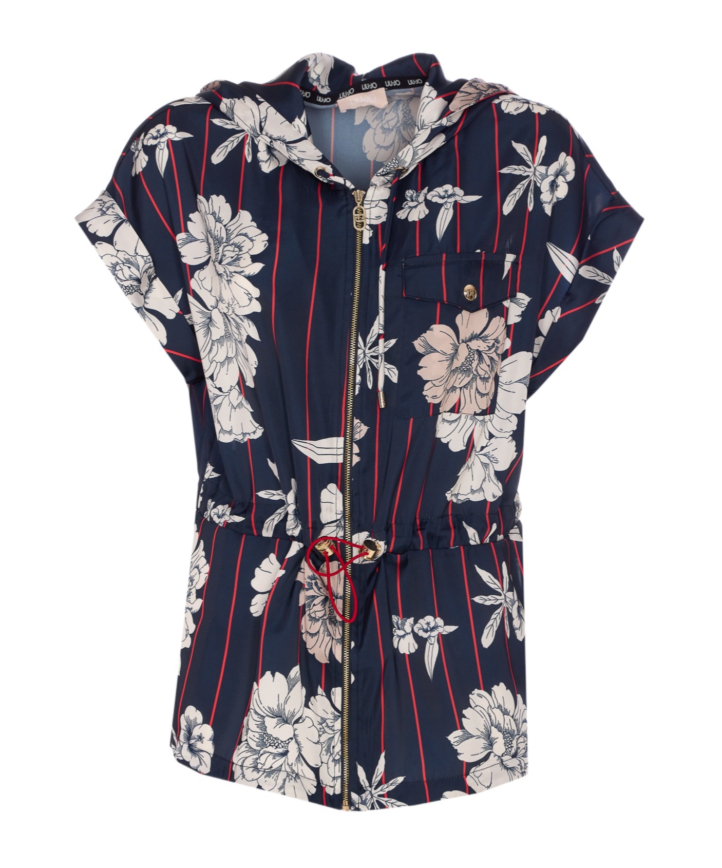 Liu •jo Floral Striped Hooded Vest With Drawstring Waist In Multi-color