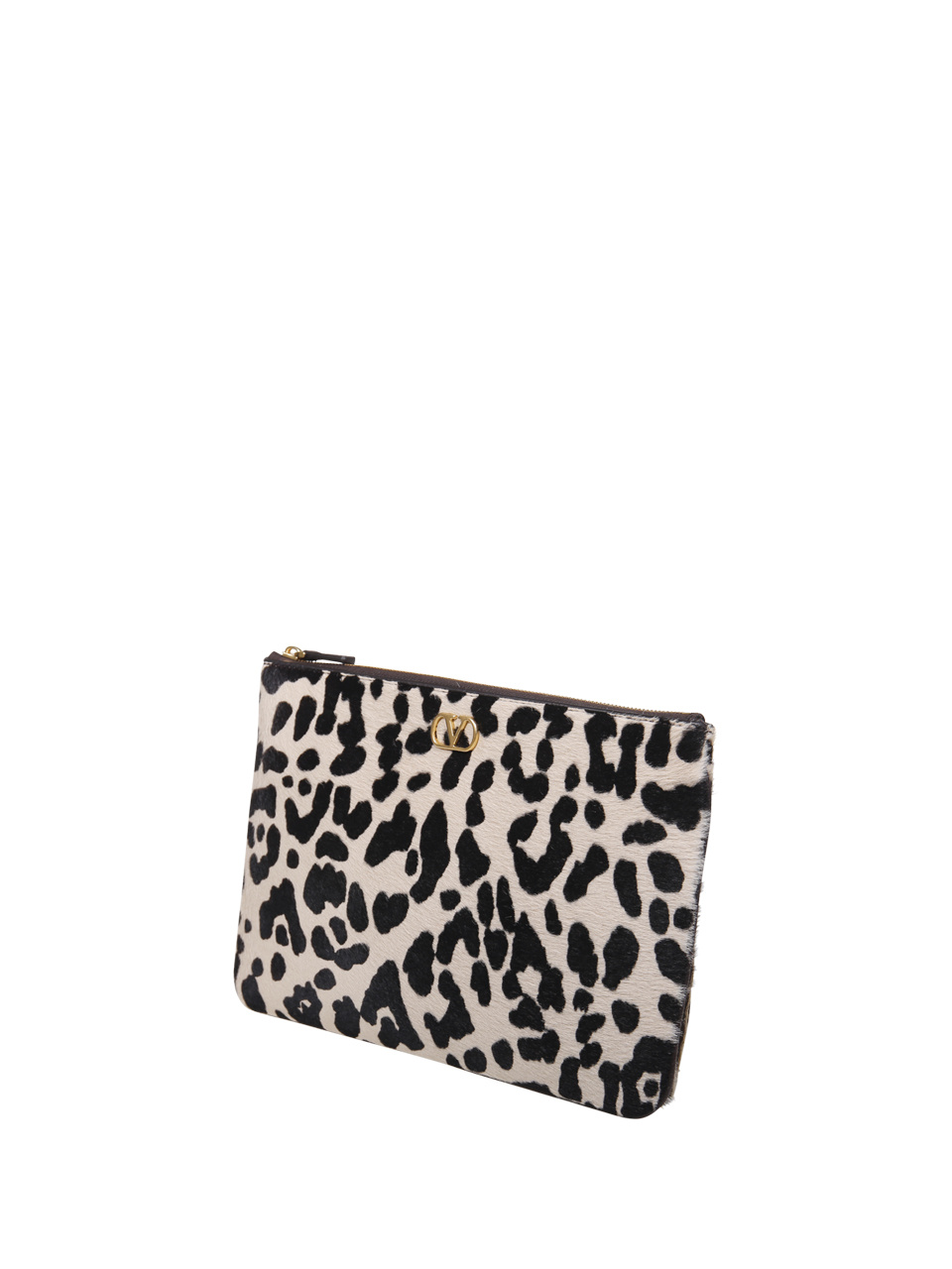 Valentino Vlogo Signature Medium Leopard-print Calf-hair Clutch In Black