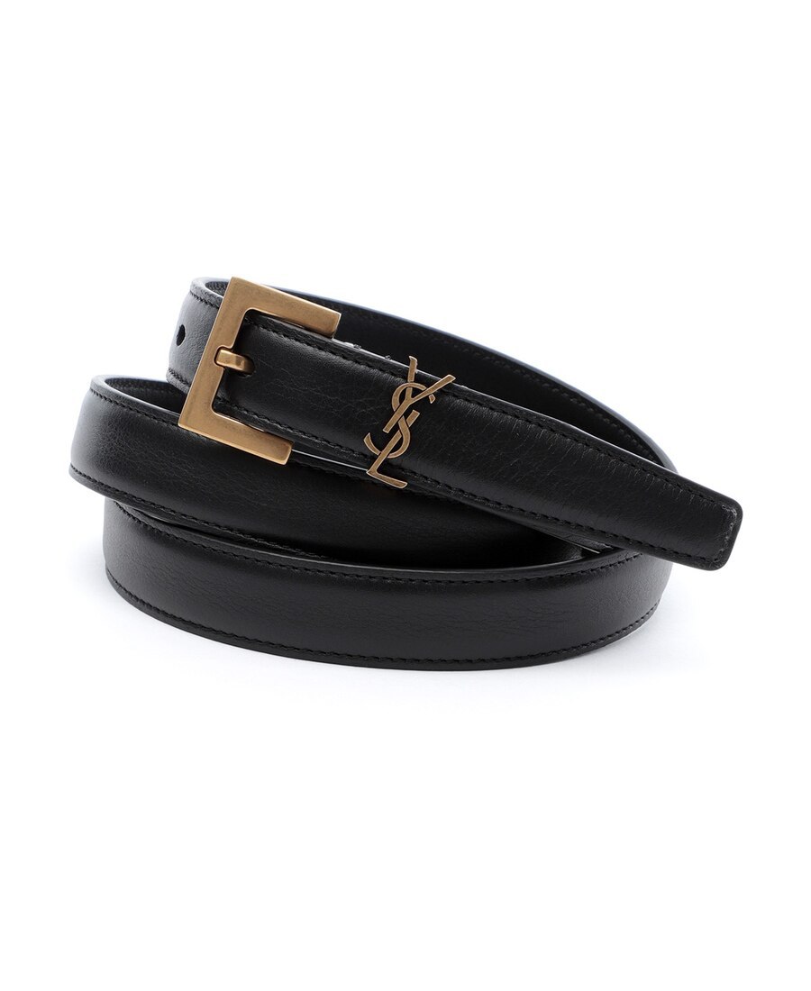 Saint Laurent Cassandre Thin Belt With Square Buckle In Box Leather Accessories In Black
