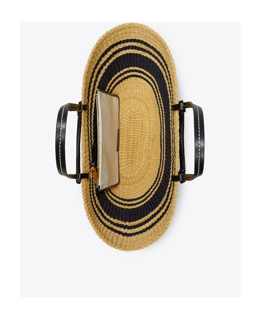Tory Burch Ella Striped Raffia Tote Bag In Black