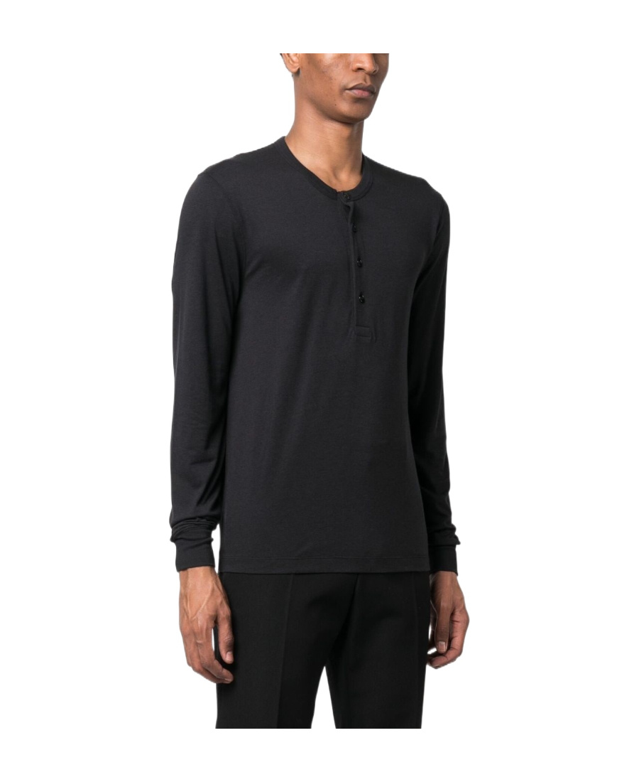 Tom Ford Long-sleeved Henley Top With Buttoned Placket And Fitted Silhouette In Black
