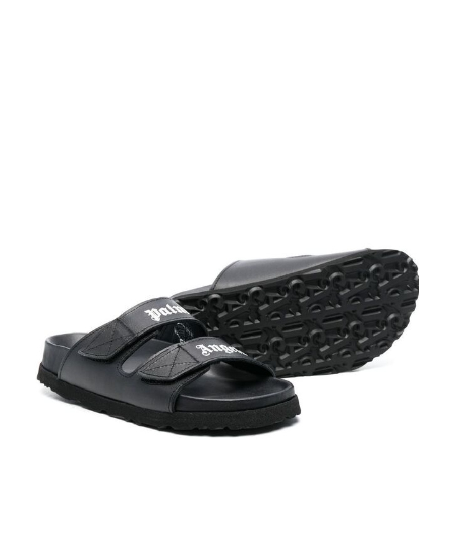 Palm Angels Logo-print Leather Slides In Black