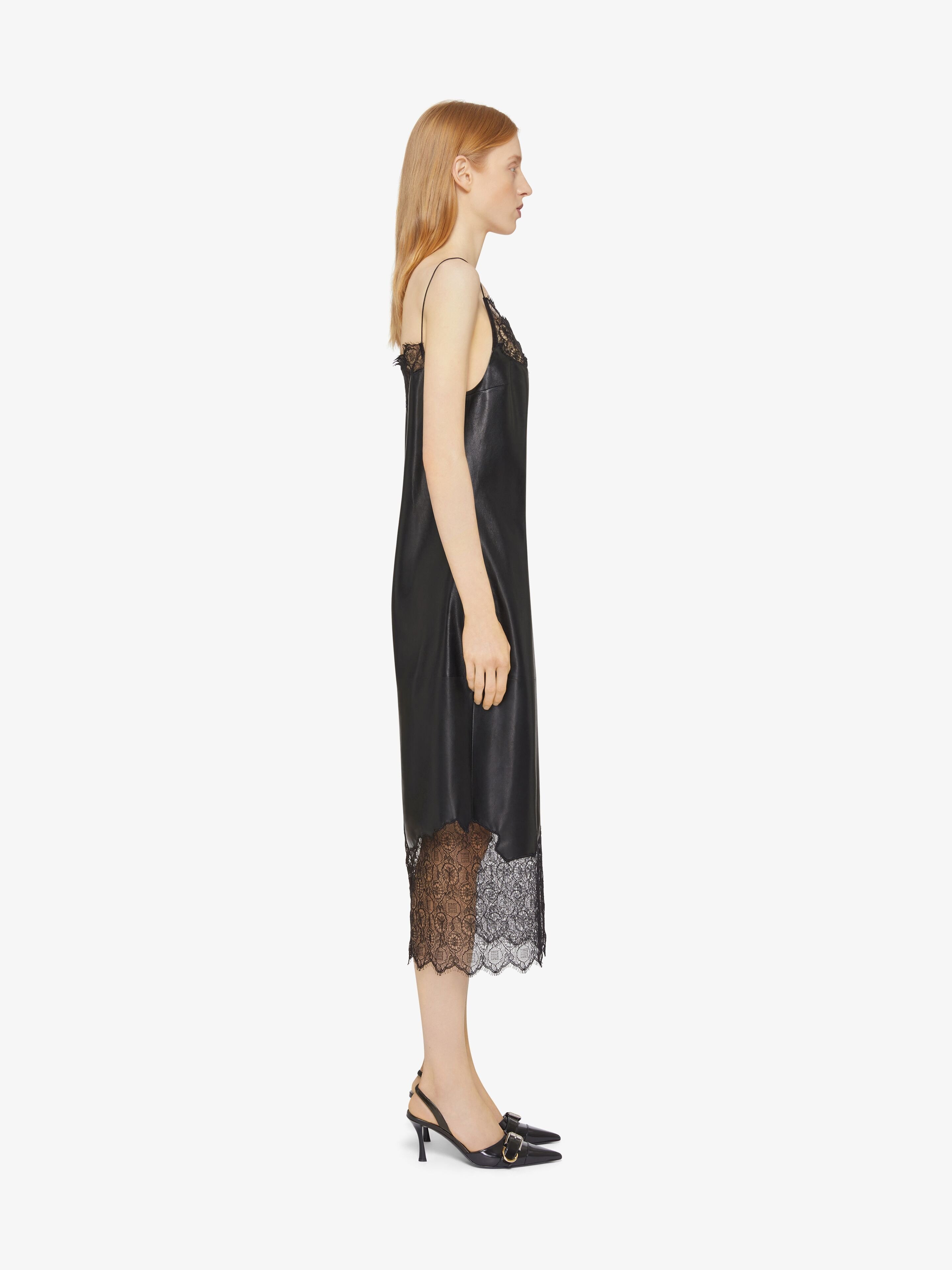 Givenchy Black Lace Trim Leather Midi Dress In Black
