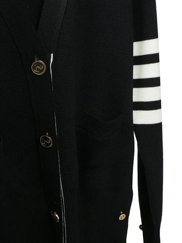 Thom Browne Ladies Navy Cashmere 4-bar Classic V-neck Cardigan In Black