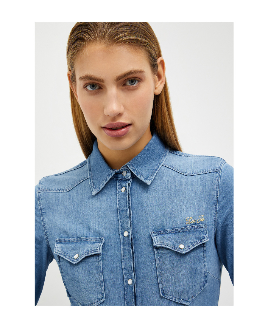 Liu •jo Logo-embroidered Denim Shirt In Blue