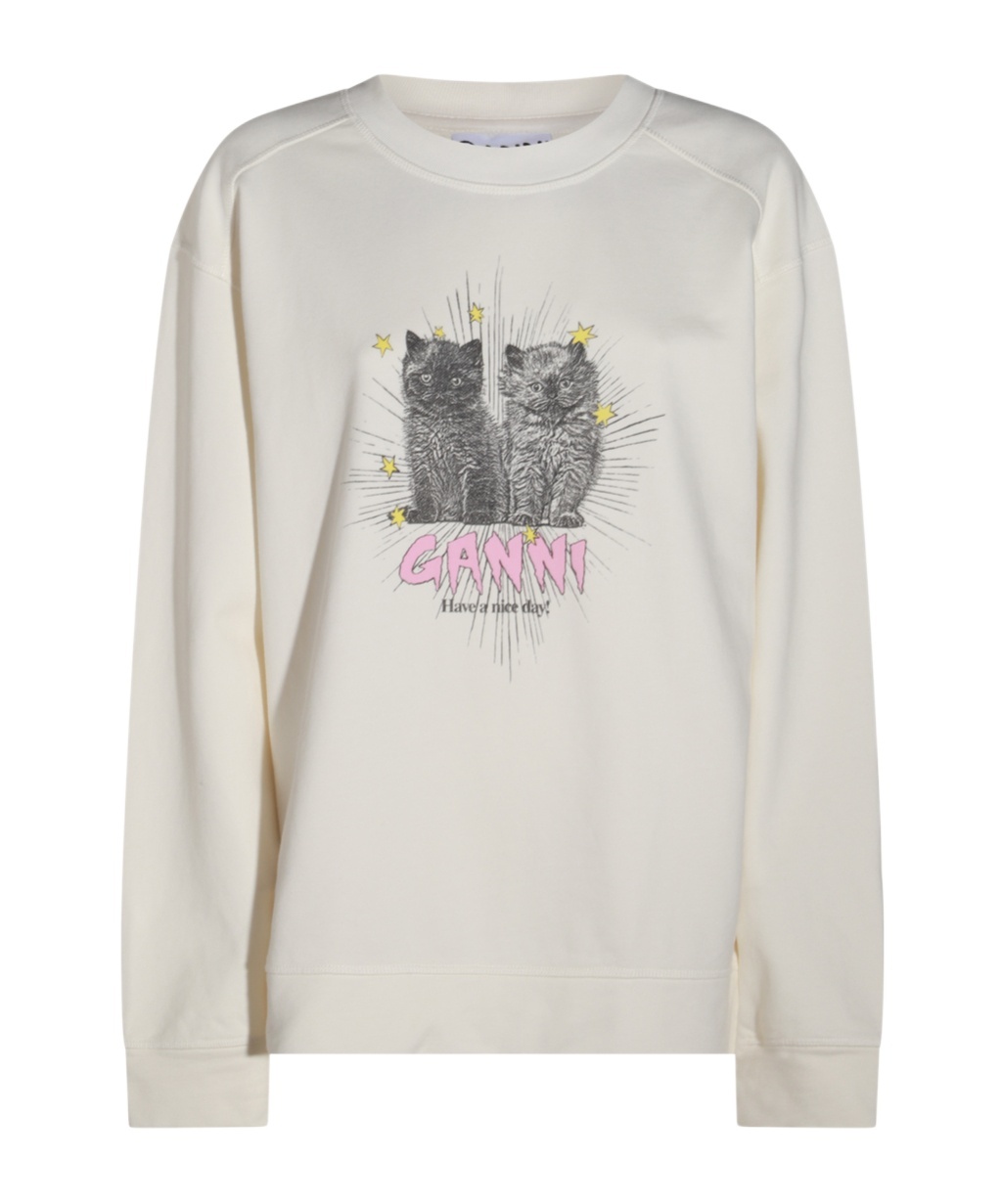 Ganni Off-white Isoli Kittens Drop Shoulder Sweatshirt In White