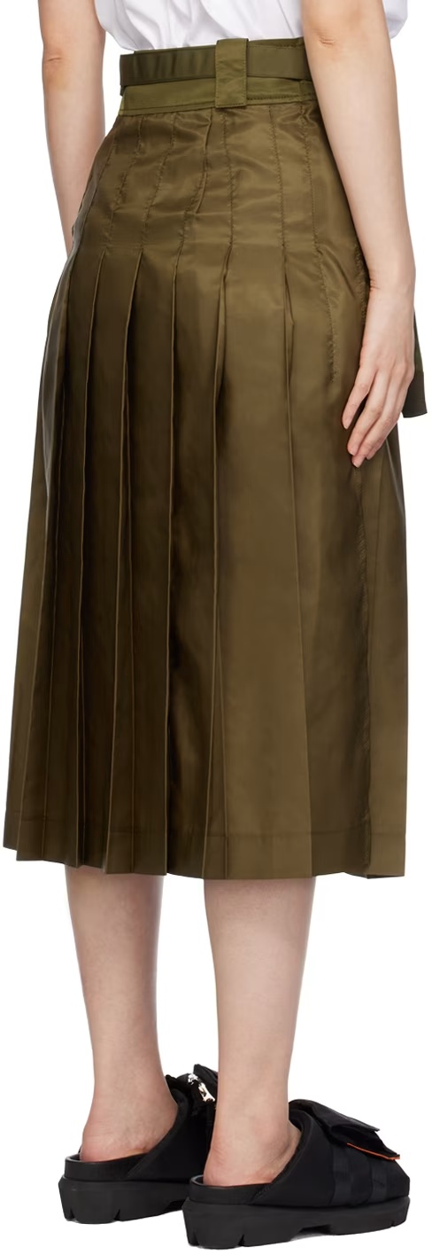 Sacai Khaki Pleated Midi Skirt In Green