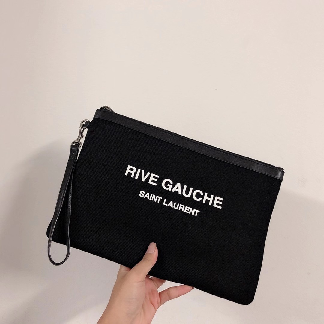 Saint Laurent Rive Gauche Logo-print Clutch In Black