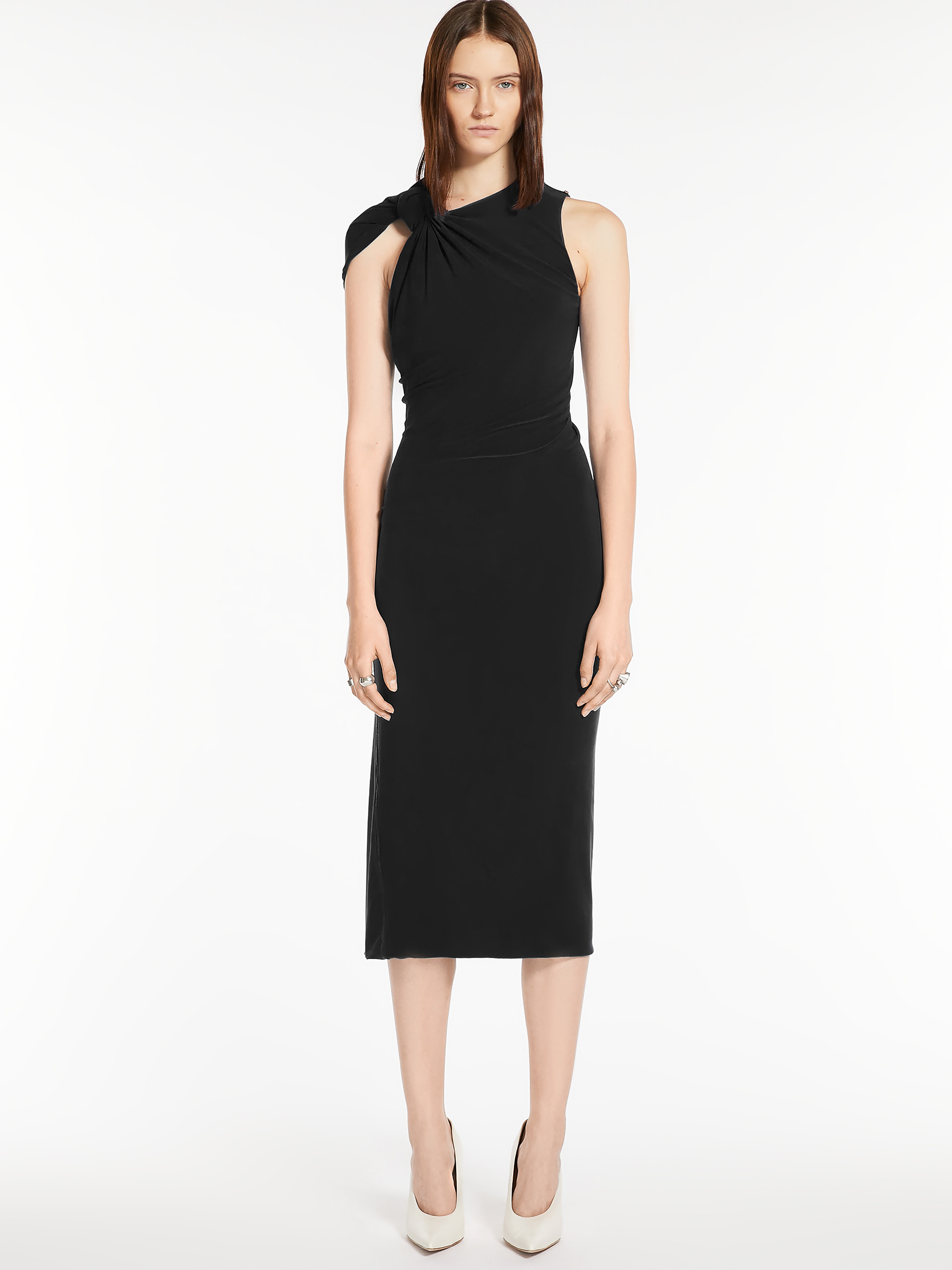 Sportmax Midi Black Dress With Knot Detail In Stretch Fabric Woman In Black