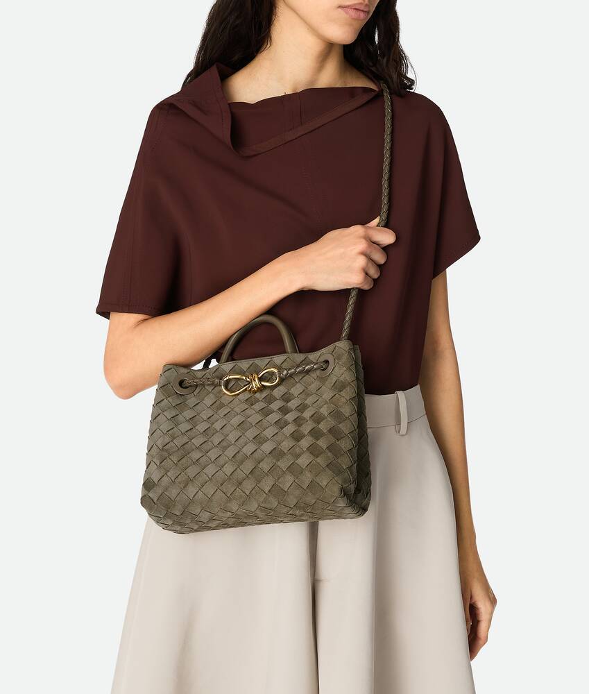 Bottega Veneta Andiamo Intrecciato Small Suede Tote Bag In Green