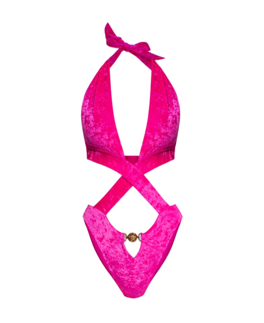Versace Crossed Cutout Velour One Piece Swimsuit In Pink