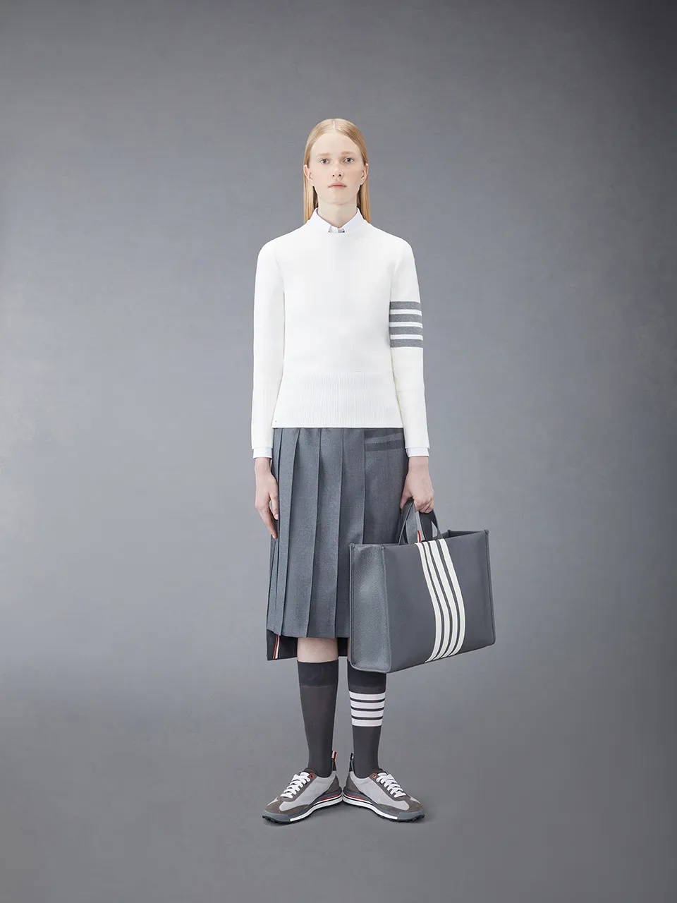 Thom Browne Round-collar And Long-sleeved Sweater In White