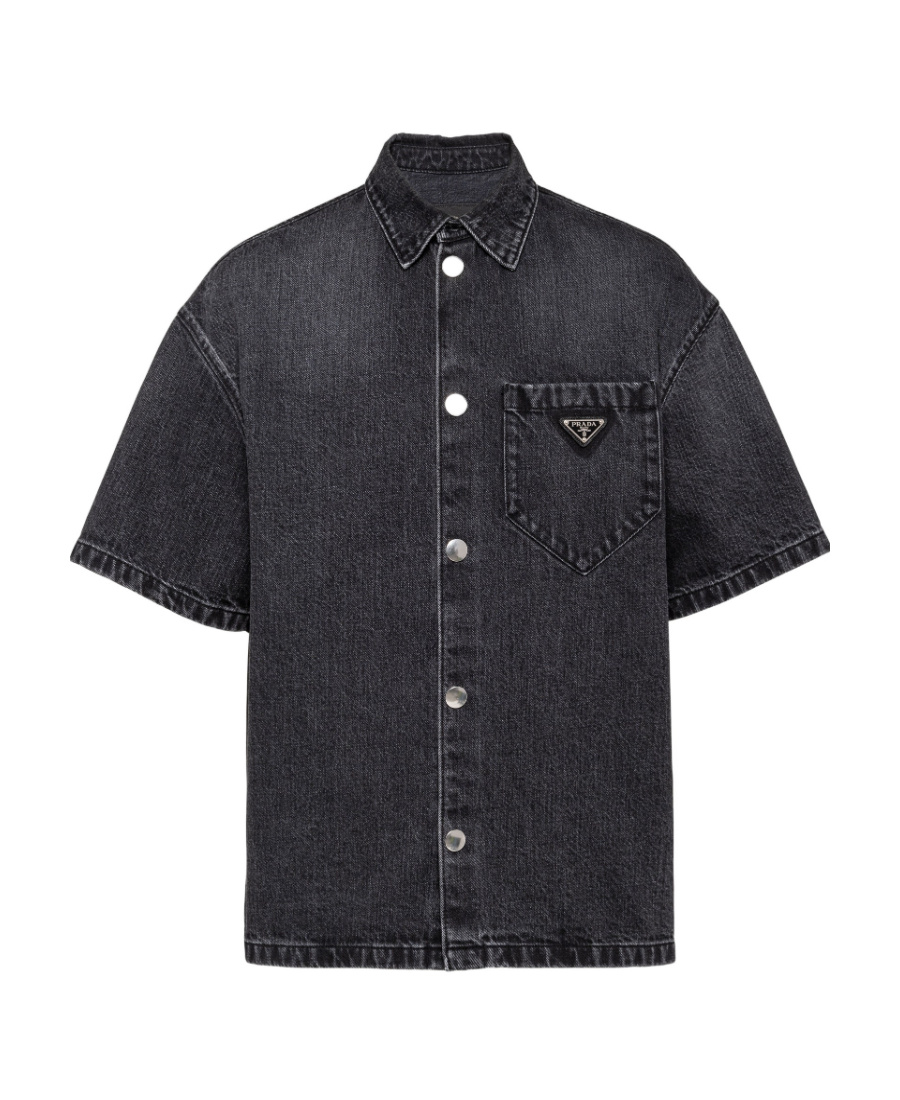 Prada Logo Plaque Short Sleeved Denim Shirt In Black