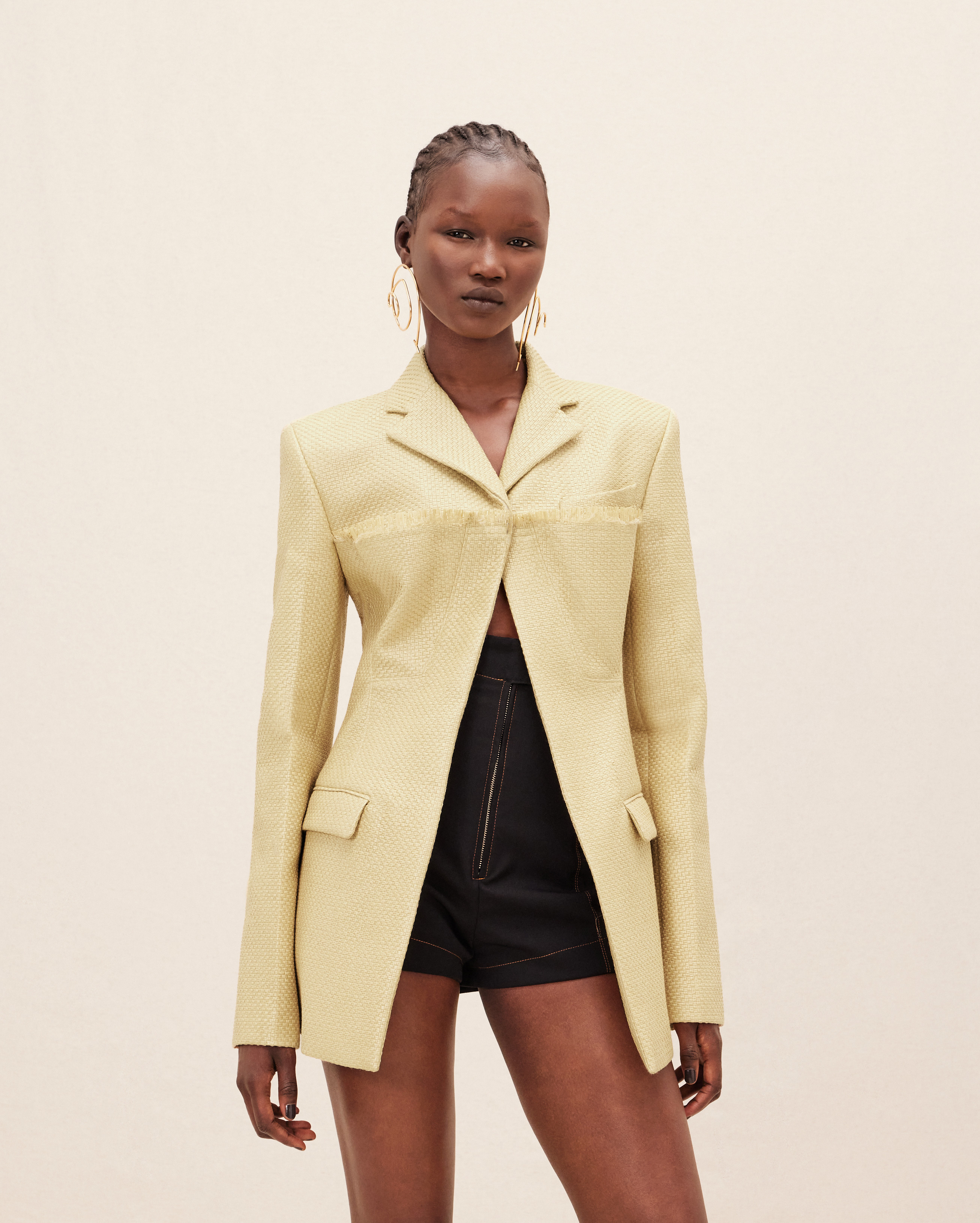 Jacquemus Palha Embellished Frayed Woven Canvas Blazer In Nude