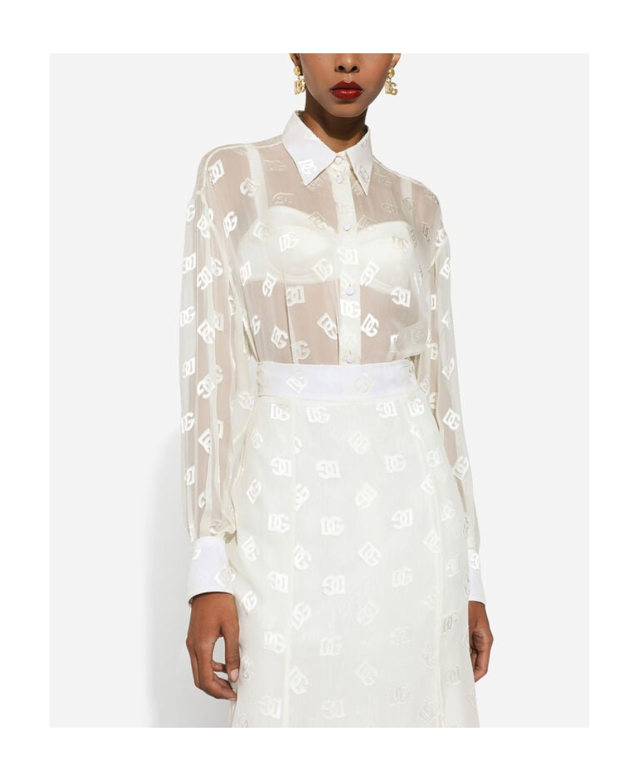 Dolce & Gabbana Devoré Satin Pussy-bow Shirt With All-over Dg Logo In White