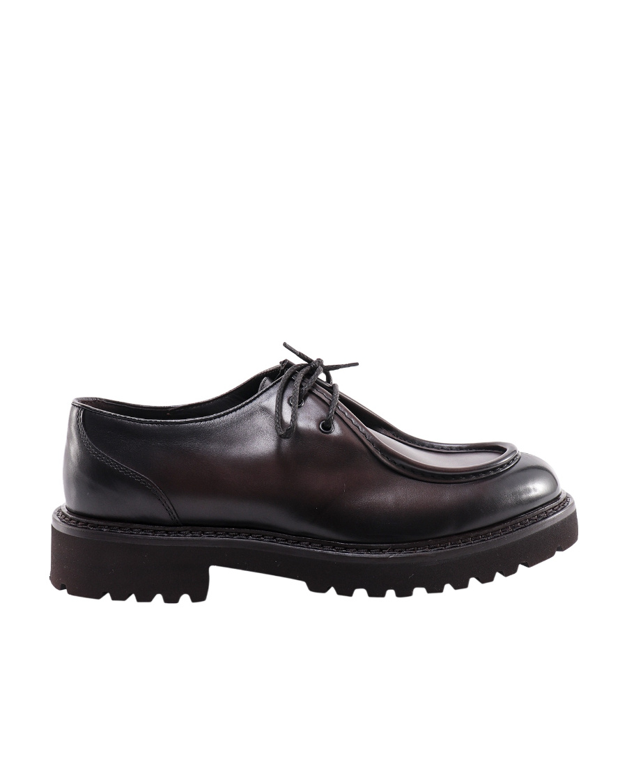 Doucal's Dark Brown Calfskin Derby Shoes With Decorative Seams In Black