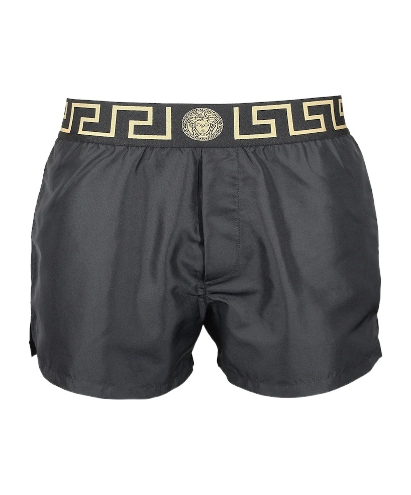 Versace Greca Border Elasticated Waistband Swim Shorts In Black