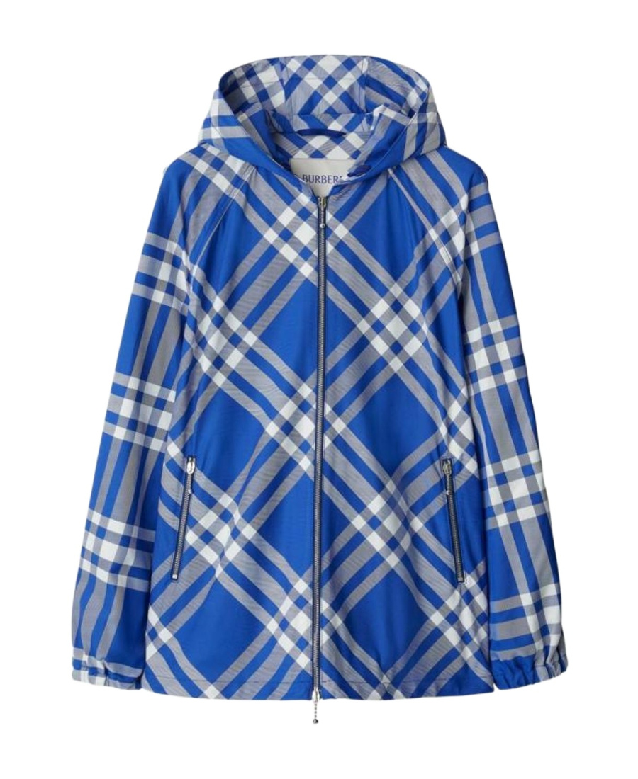 Burberry Check-pattern Hooded Zip-up Polyamide Jacket In Blue