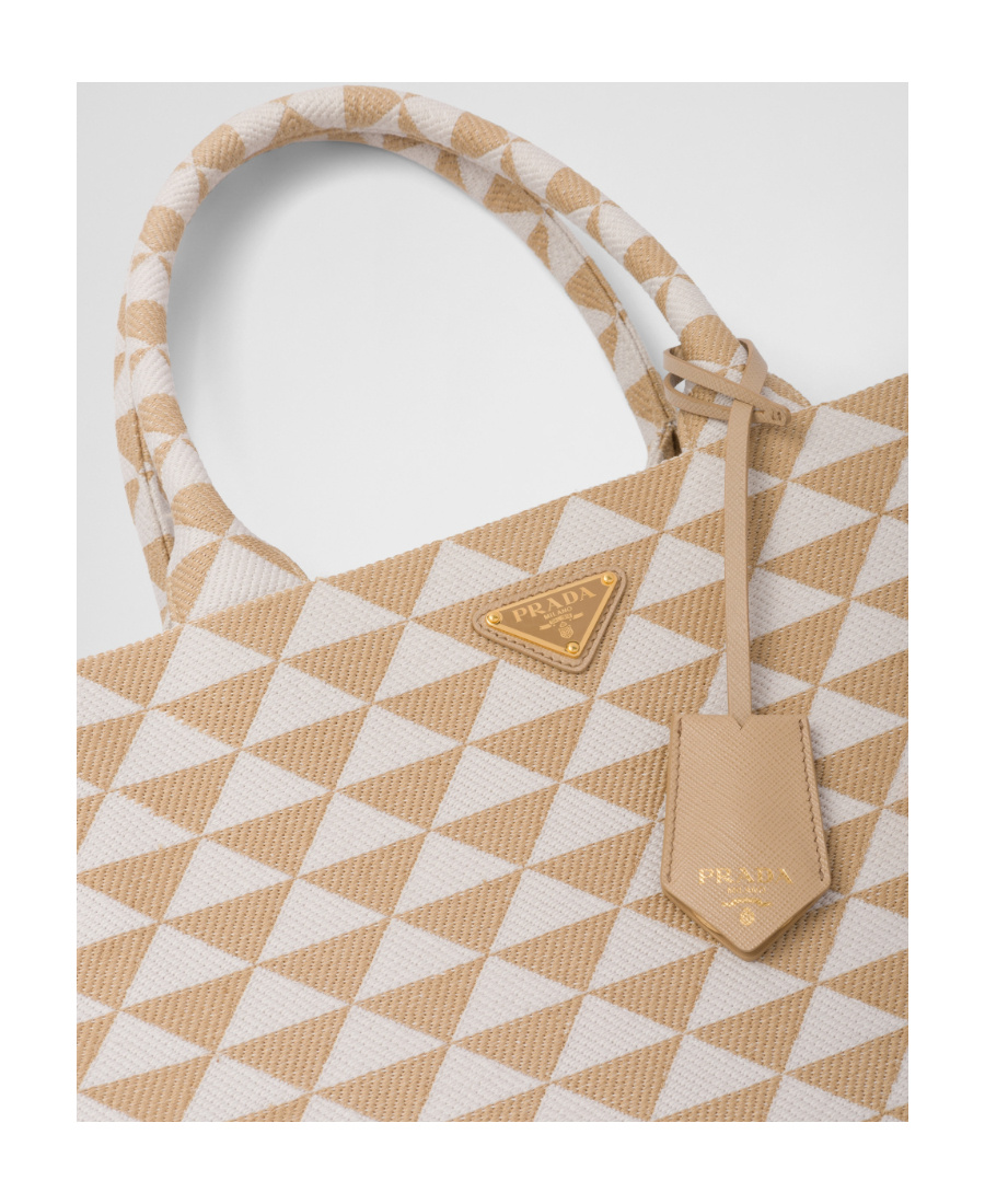 Prada Large Symbole Embroidered Fabric Handbag In Nude