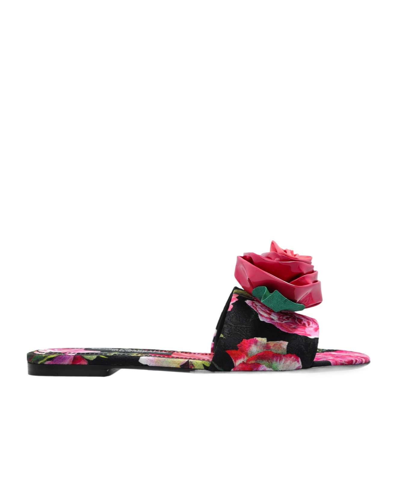 Dolce & Gabbana Rose Embellished Printed Flat Sandals In Black