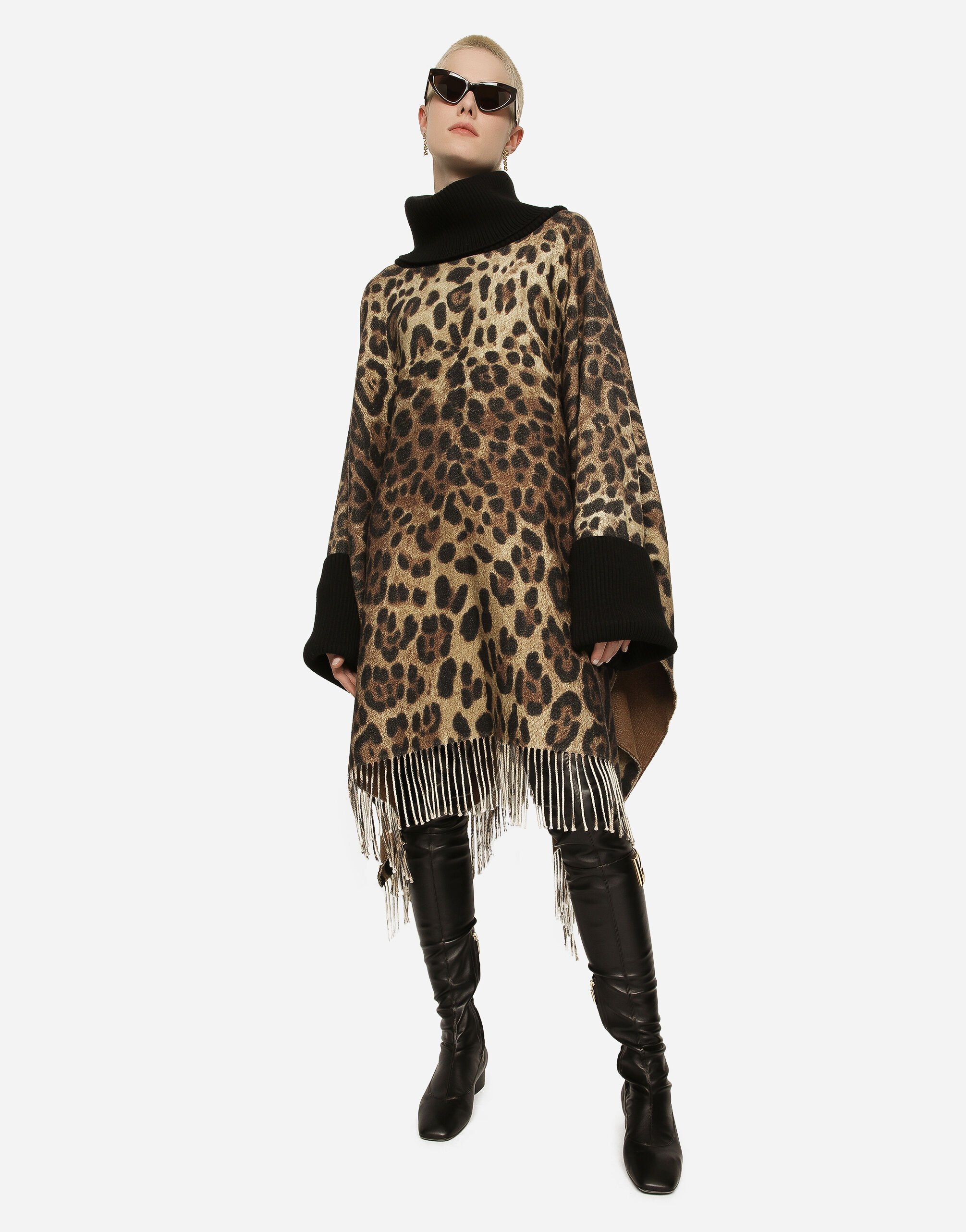 Dolce & Gabbana Leopard-print Fringed Poncho In Black