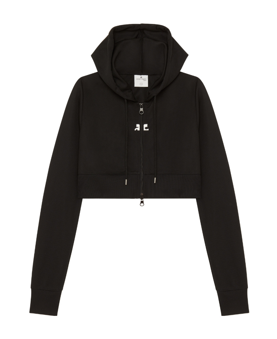 Shop Courrèges Logo-patch Cropped Zipped Hoodie In Black