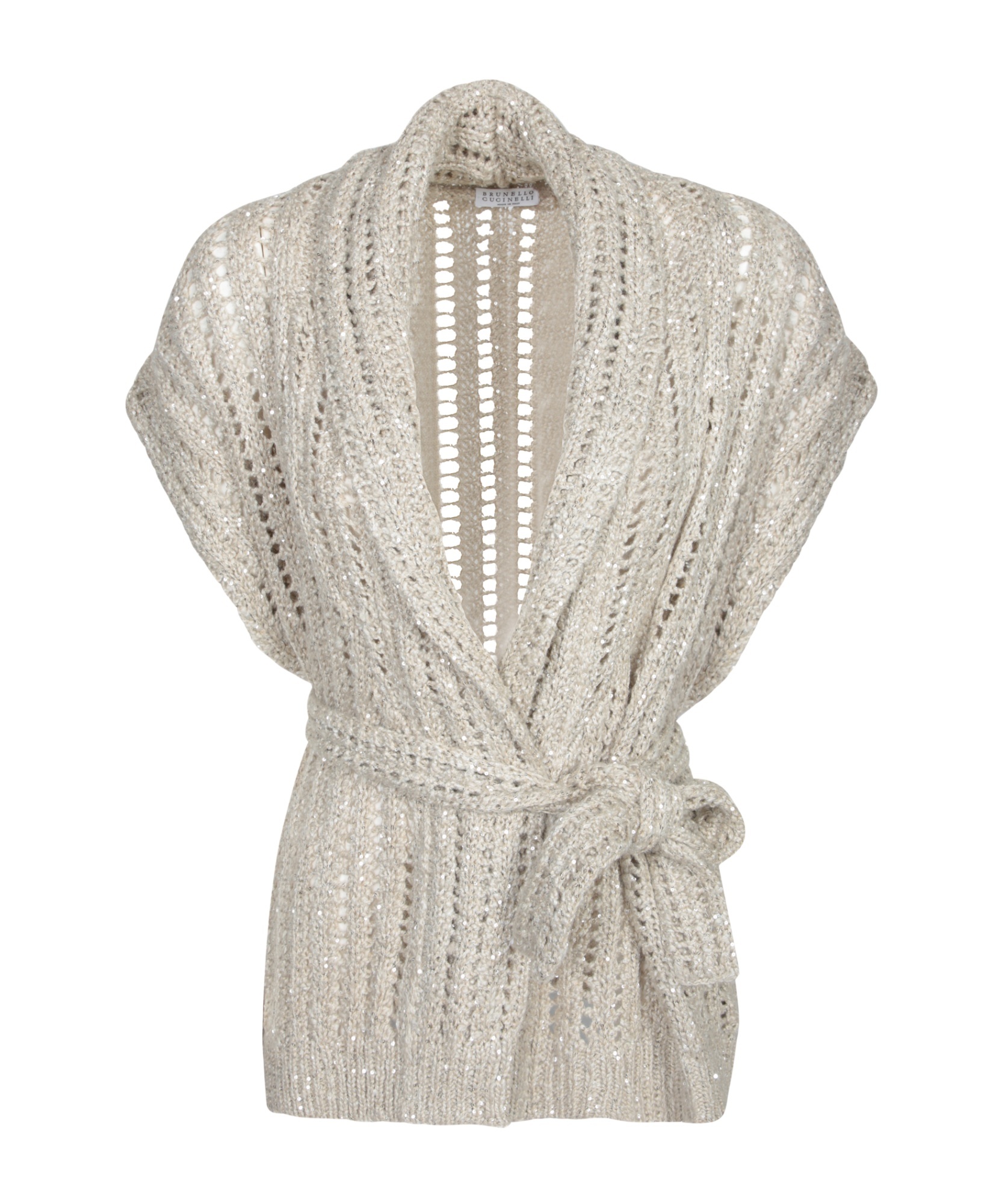 Brunello Cucinelli Crochet Belted Cardigan In Beige In Nude