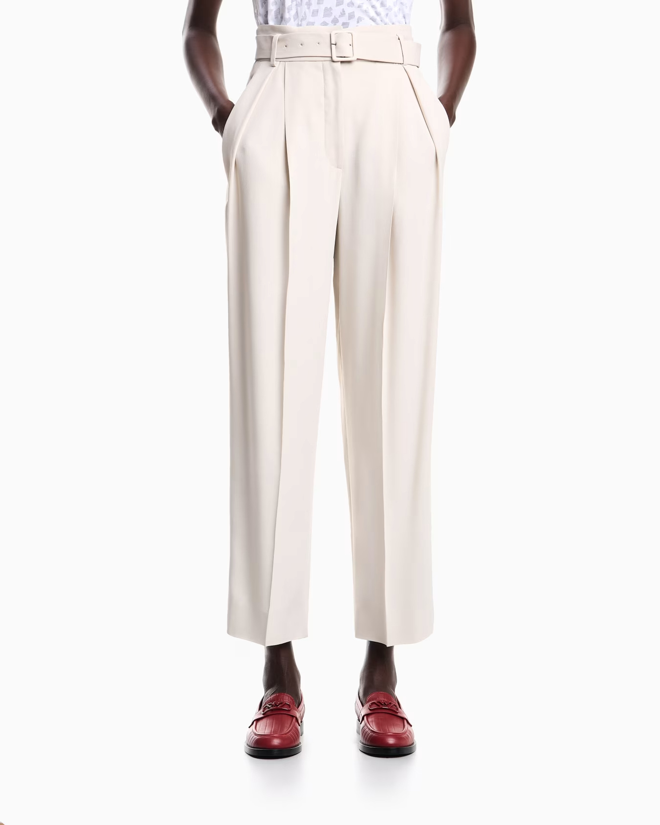 Emporio Armani Envers Satin Trousers With Pleats And Belt In White