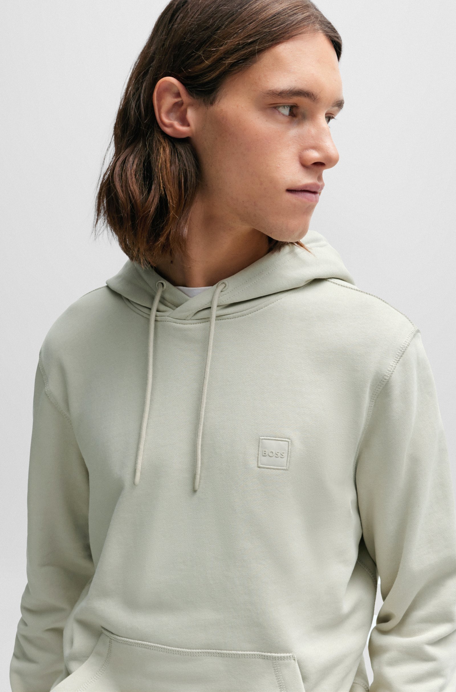 Hugo Boss Cotton-terry Hoodie With Logo Patch In Gray