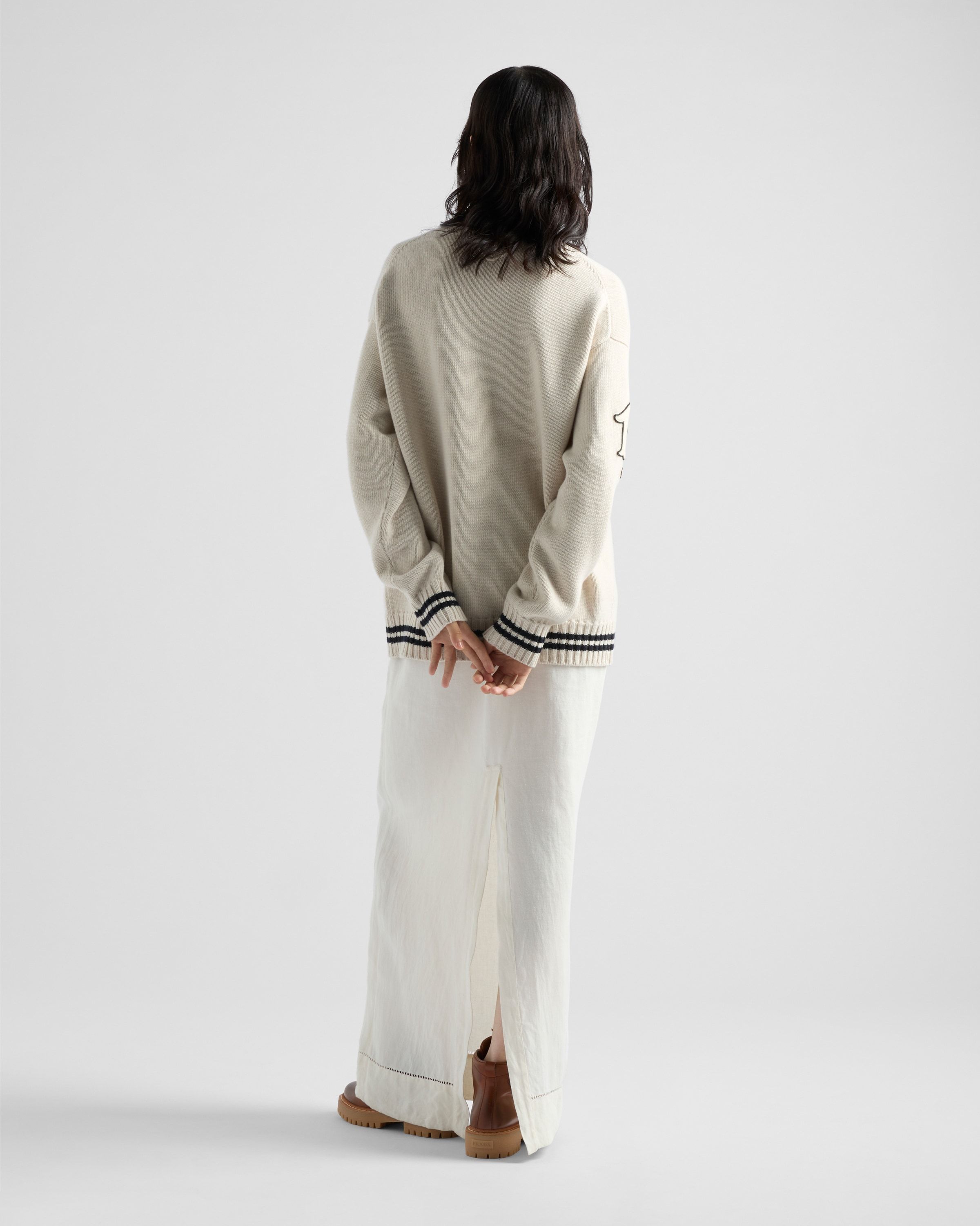 Prada Wool-cashmere Varsity Cardigan In Nude