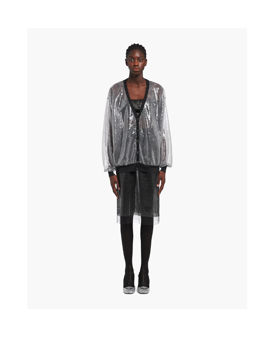 Prada Sheer Sequin-embellished Tulle Cardigan In Gray