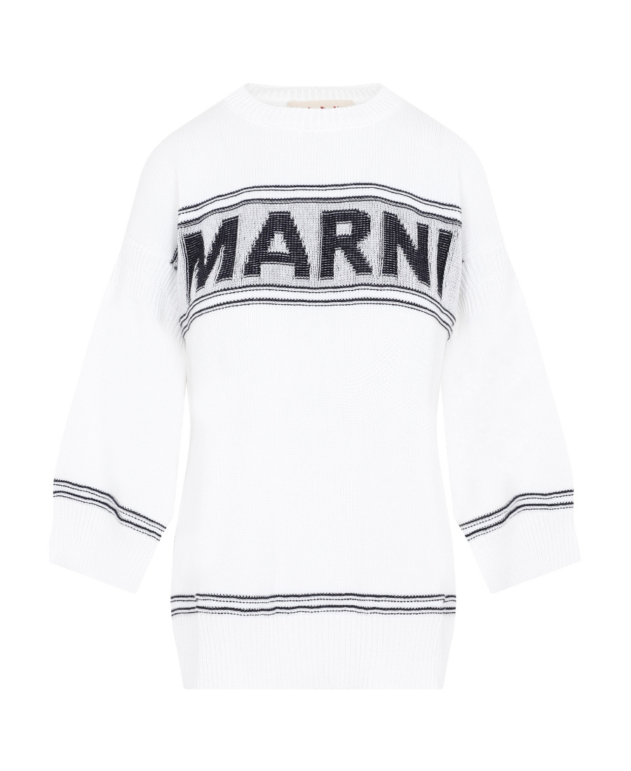 Marni Logo Jacquard Cotton Knit Sweater In White