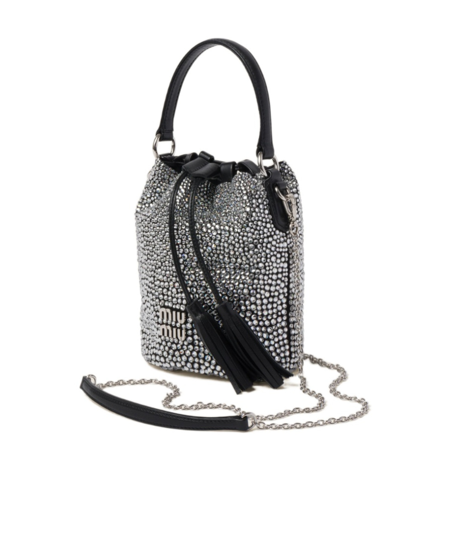 Miu Miu Silver Crystal-embellished Satin Bucket Bag In Black