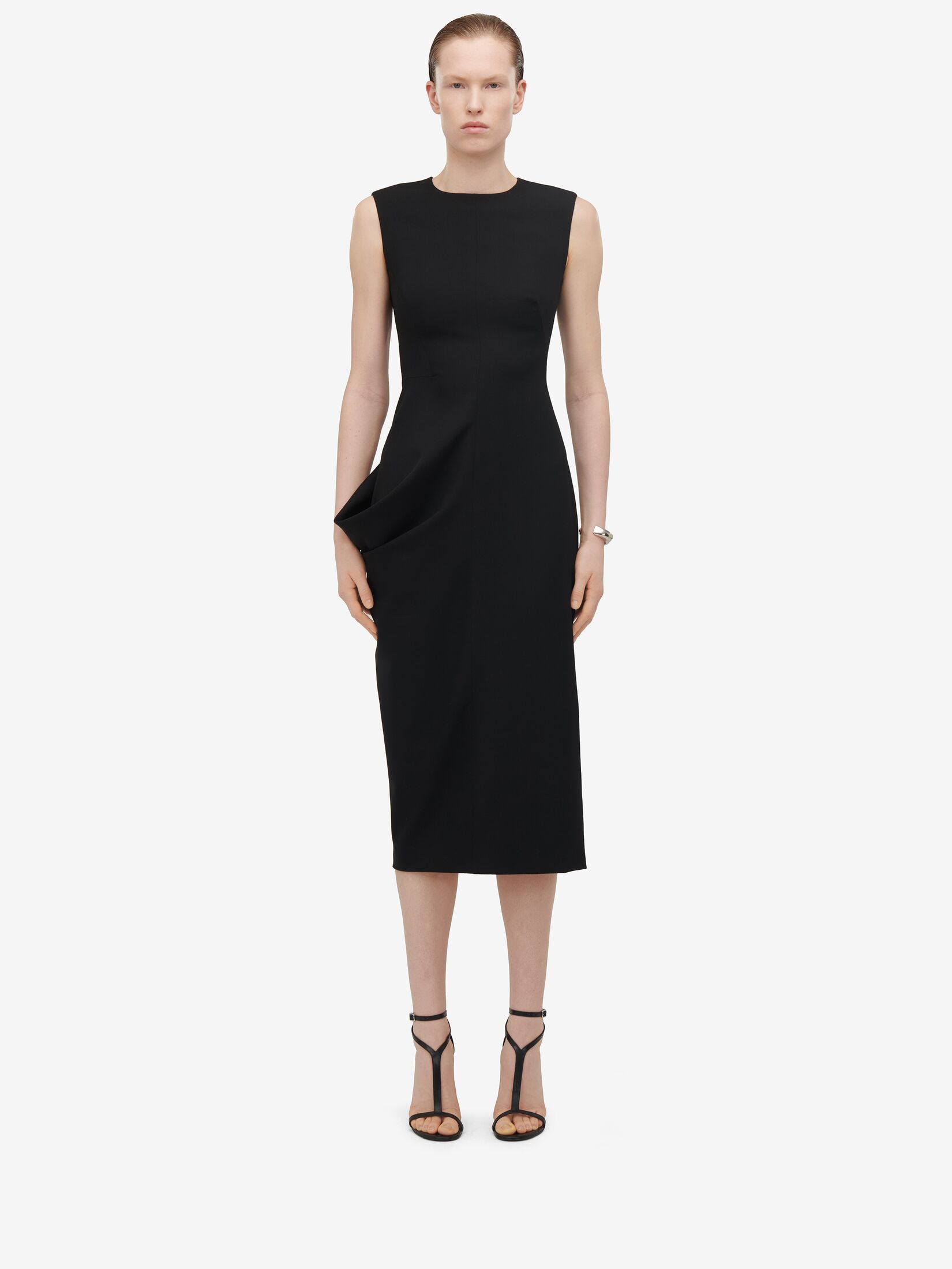 Shop Alexander Mcqueen Asymmetric Wool Pencil Dress In Black