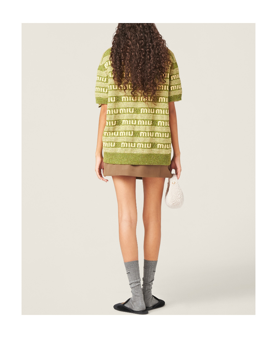 Miu Miu Logo-intarsia Striped Jumper In Green
