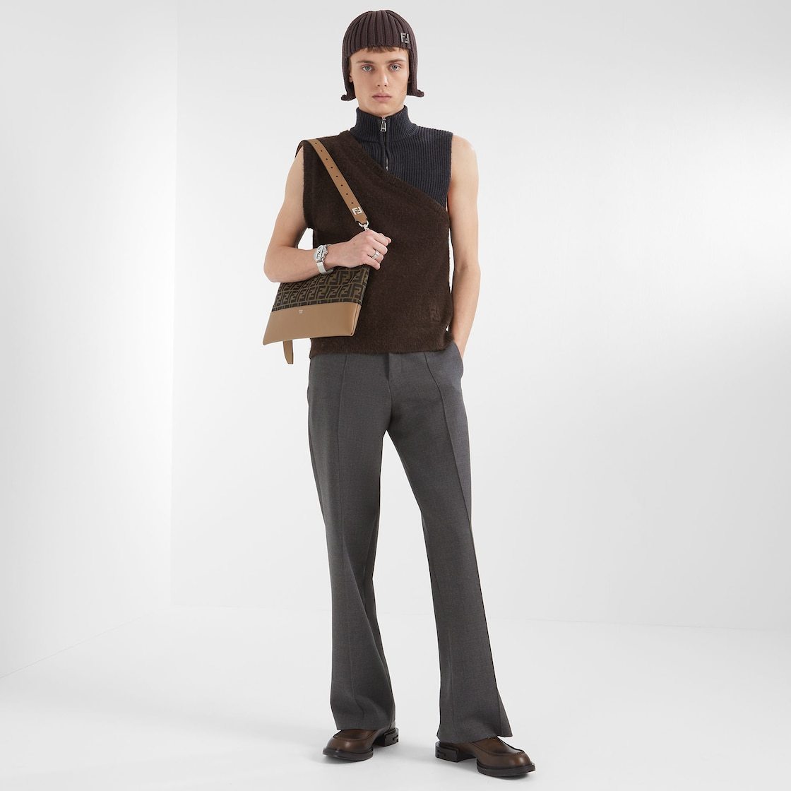 Fendi Paneled Wool Sleeveless Sweater Vest In Black