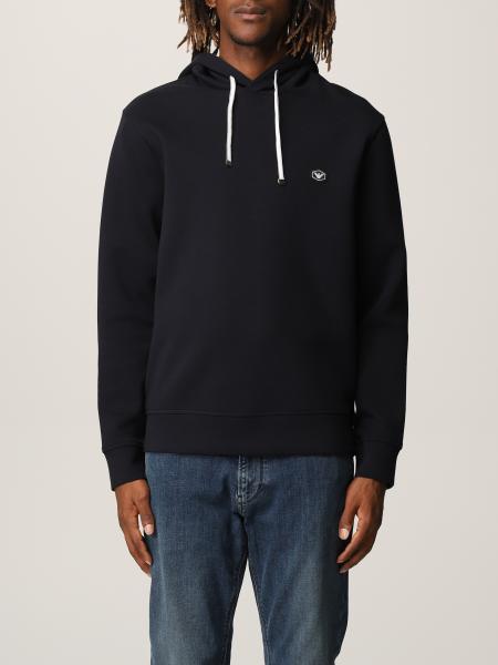 Emporio Armani Ribbed Navy Cotton Hoodie With Drawstring In Black