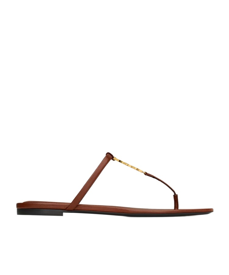 Saint Laurent Cassandra Leather Ysl Thong Sandals In Brown