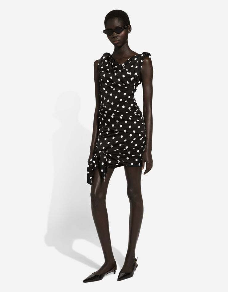 Dolce & Gabbana Polka-dot Draped Mini Dress In Black