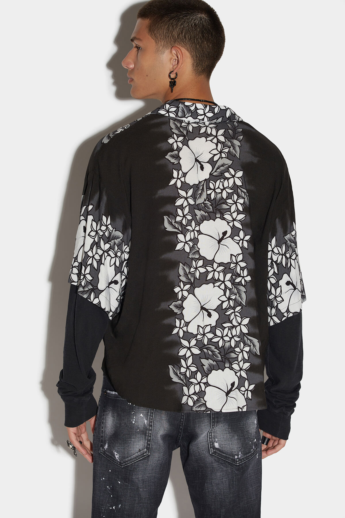 Dsquared2 Double-layered Bowling Shirt With Floral Pattern In Black