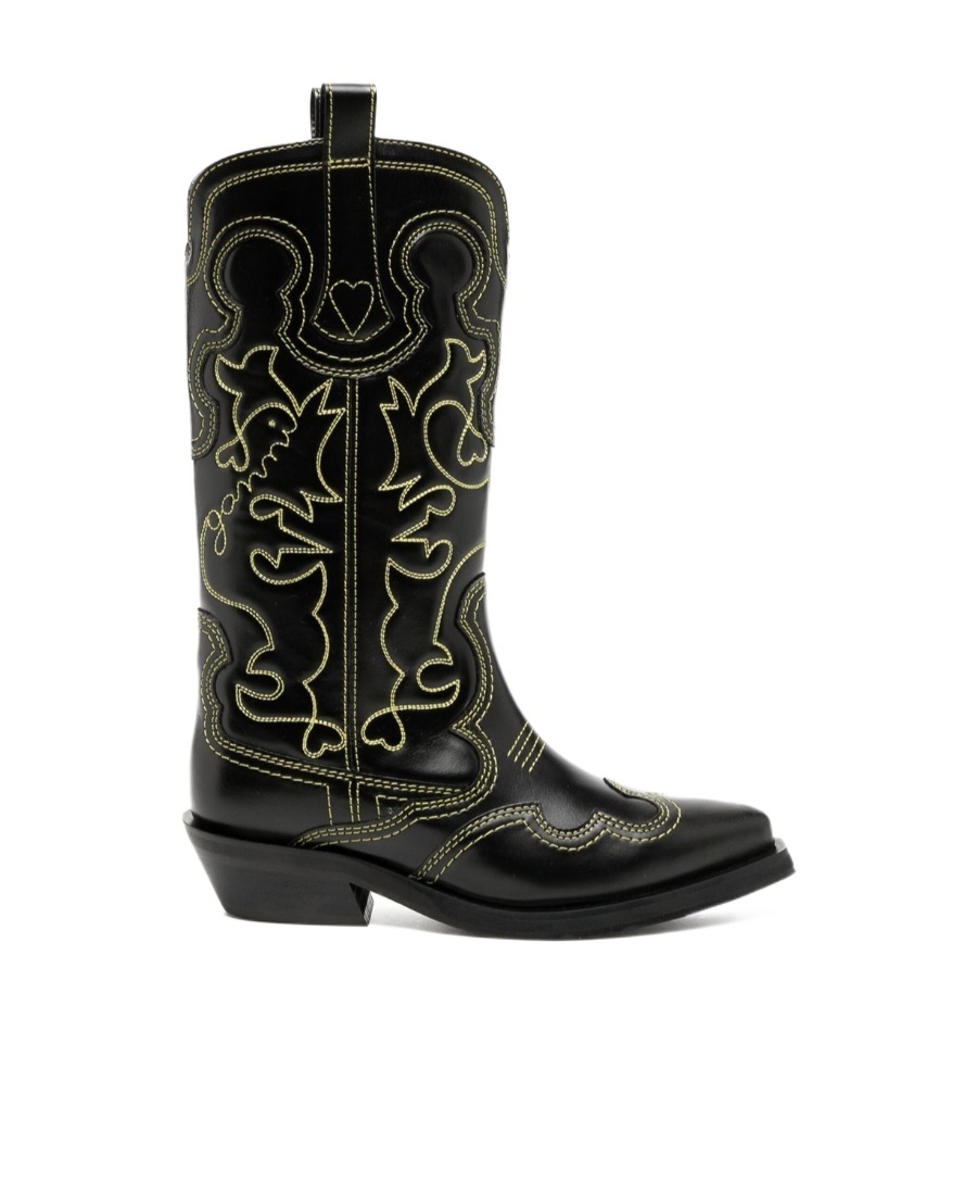 Ganni Mid Shaft Embroidered Western Boot In Black